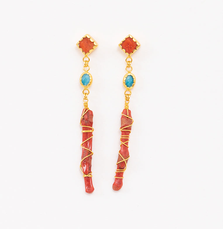 Zarcillos De Coral Rojo Con Gema Turquesa