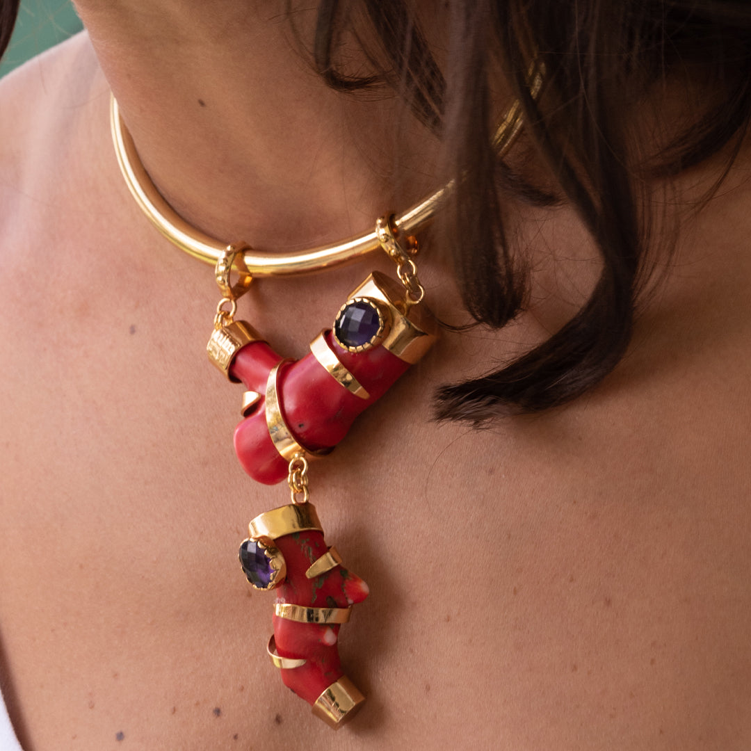 Gargantilla de Coral Rojo con Amatista doble